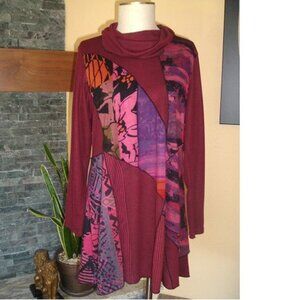 Parsley & Sage Tunic Top Women’s ML Cowl Neck Burgundy Patchwork Artsy Lagenlook